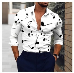 Black Music Note Print White Western Shirt
