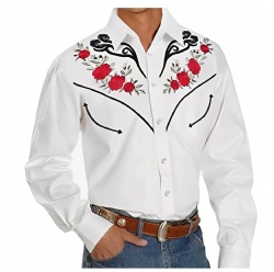 White Western Shirt with Red Rose Pattern