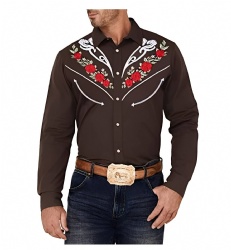 Brown Western Shirt with Red Rose & White Swirl Pattern