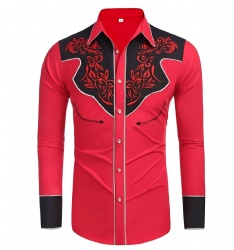 Red and Black Western Shirt with Floral Pattern