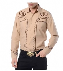 Tan Western Shirt with Brown Horseshoe and Geometric Patterns