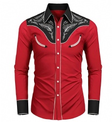Red Western Shirt with White Leaf Pattern