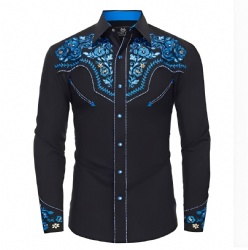 Black Western Shirt with Blue Floral Accents
