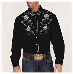 Black Western Shirt with Grey Rose Pattern