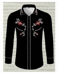 Black Western Shirt with Red Floral Pattern