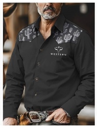 Black Western Shirt with White Cactus Print