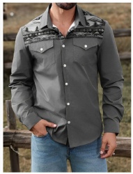 Charcoal Grey Landscape Print Western Shirt