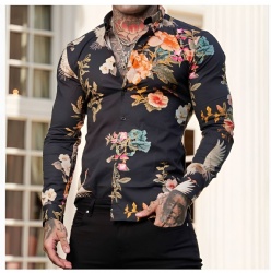 Black Western Shirt with Crane and Floral Print