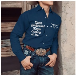 Blue Western Shirt with Texas Longhorn and Text Graphic