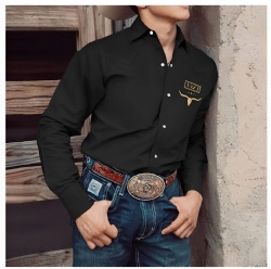 Black Western Shirt with Gold Bull Skull Emblem