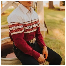 Western Shirt with Diamond Stripe Pattern in Burgundy and White