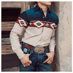 Southwestern Diamond Western Shirt in Beige and Navy Blue