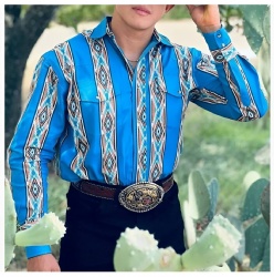 Western Shirt with Southwestern Diamond Pattern in Vibrant Blue and Earth Tones