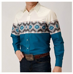 Teal & Cream Geometric Pattern Western Shirt
