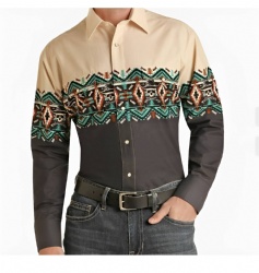Western Shirt with Skull and Geometric Pattern in Teal and Rust