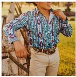 Turquoise and Crimson Diamond Stripe Western Shirt