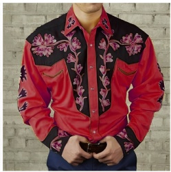 Red Floral Western Shirt with Black Accents