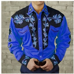 Blue & Black Western Shirt with Floral Vine Accents