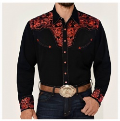 Black Western Shirt with Red Floral Accents