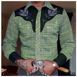 Lime Green Plaid Western Shirt with Blue Floral Accents