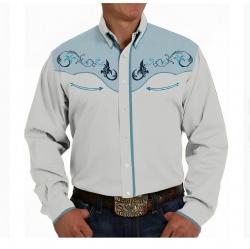 Light Grey Western Shirt with Blue Swirl and Arrow Accents