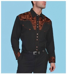 Black Western Shirt with Embossed Bronze Floral Accents