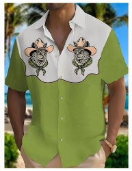 Green & White Western Shirt with Cowboy Cat Art