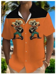 Orange Western Shirt with Guitar-Playing Cat Cowboys