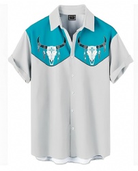 Teal & Gray Western Shirt with Bull Skull & Feathers