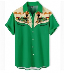 Green Western Shirt with Vintage Train Art
