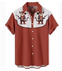 Brown Western Shirt with Cowboy Cat Print
