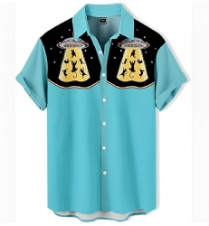 Aqua Blue Western Shirt with Flying Saucers and Cats