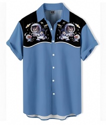 Blue Astronaut Cat Western Shirt with Stars and Planets