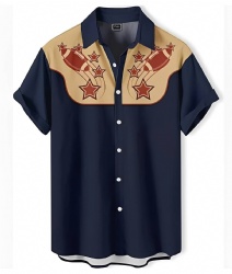 Navy & Tan Western Shirt with Football and Star Motifs