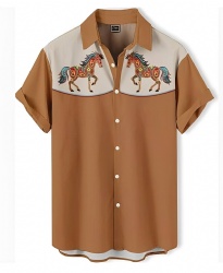 Brown Western Shirt with Colorful Horse Motifs