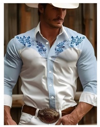 Sky Blue & White Western Shirt with Blue Rose Motifs