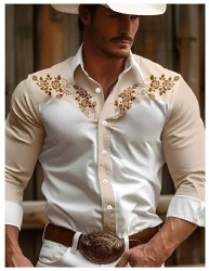 Cream and Tan Western Shirt with Rose Vine Flourish