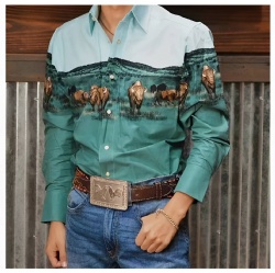 Bison Landscape Western Shirt in Teal and Sky Blue