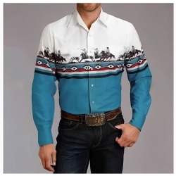 Turquoise & Red Banded Western Shirt with Cowboy Horse Scene
