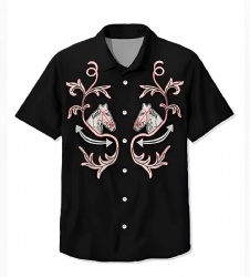 Black Western Shirt with Pink Horse Scrollwork