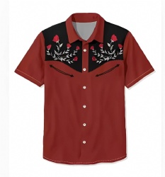 Red Western Shirt with Blooming Roses