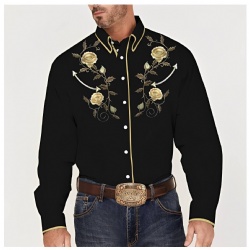 Black Western Shirt with Yellow Roses and Vines