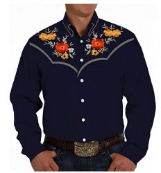 Navy Western Shirt with Vivid Floral Embellishments