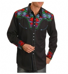 Black Western Shirt with Red, Purple, Blue Floral Accents