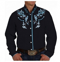 Black Western Shirt with Blue Swirl Flourishes