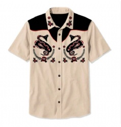 Beige Western Shirt with Black Snake and Red Rose Motifs