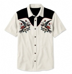 Cream & Black Western Shirt with Swallows, Skulls, and Flowers