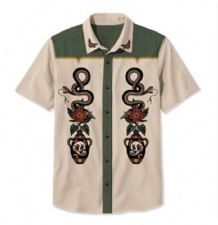 Tan Western Shirt with Red Flowers and Skull Urn