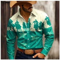 Western Shirt with Horsemen and Stars in Teal and Off-White