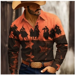 Orange & Black Western Shirt with Horseback Riders and Distressed Stars